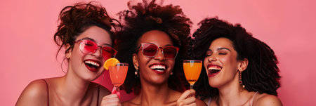 group of three african american women in sunglasses with cocktails isolated on pinkの素材