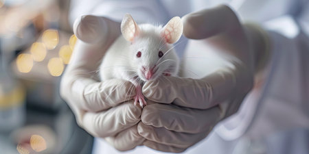 White laboratory rat in the hands of a scientist, close-upの素材