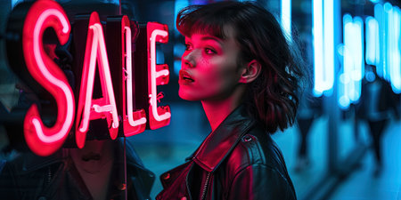 Portrait of a beautiful asian girl with neon sale sign.の素材