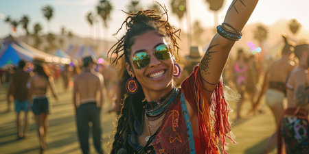 Portrait of a beautiful young woman dancing at a music festival.の素材