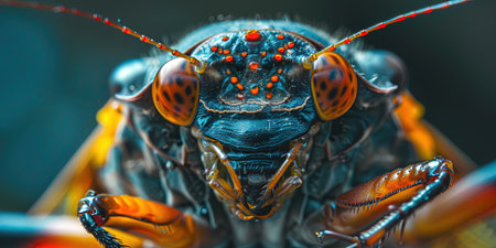 Macro shot of the head of a bug with red eyes.の素材
