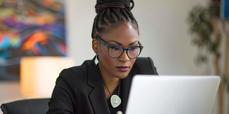 Serious african american businesswoman working on laptop in officeの素材
