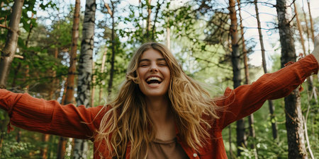 Happy young woman with long blond hair in a red jacket in the forestの素材