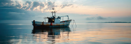 Fishing boat in the sea at sunset. Panoramic viewの素材
