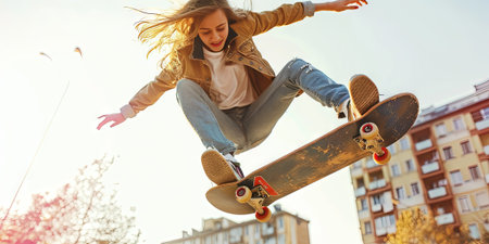Skateboarder girl having fun on the city street. Urban lifestyleの素材