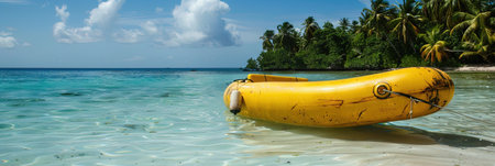 Panoramic image of a yellow inflatable boat on the beachの素材