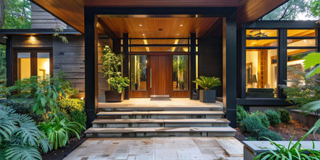Entrance of a luxury house with a view of the garden.の素材