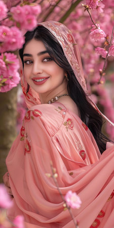Beautiful asian woman in traditional dress with sakura blossomの素材