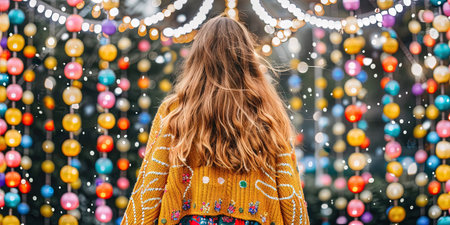 Back view of a girl in a knitted warm sweater on the background of Christmas lightsの素材