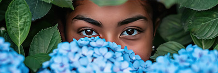 Close-up portrait of beautiful young woman with blue hydrangea flowersの素材