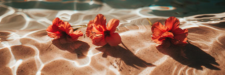 Beautiful red flowers on the background of water in the pool.の素材