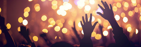 Concert crowd at a music festival with hands raised up and lights in the backgroundの素材