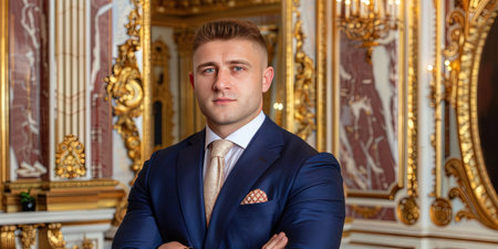 Portrait of a young handsome man in a blue suit in the interior of the palaceの素材