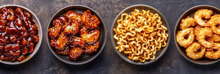 Bowls with sweet and sour sauce and snacks. Top viewの素材