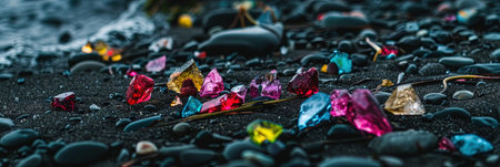 Colorful stones on a black sand beach. Selective focus.の素材