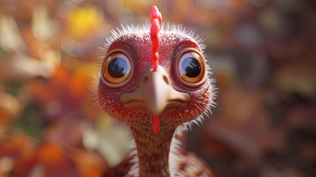Close up of a turkey with a red candle in its beakの素材