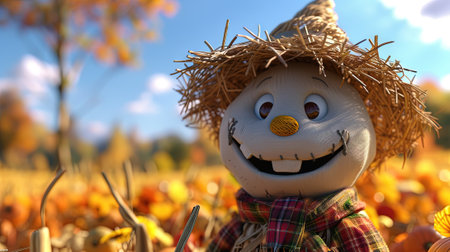 Halloween scarecrow in a pumpkin patch on a sunny autumn dayの素材