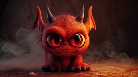 3d illustration of a cute little monster with red eyes and hornsの素材