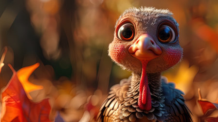 Close up of a turkey in the autumn forest. Selective focus.の素材