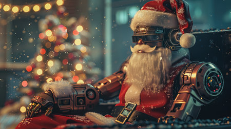 Santa Claus is sitting on a chair with a remote control in his hands.の素材