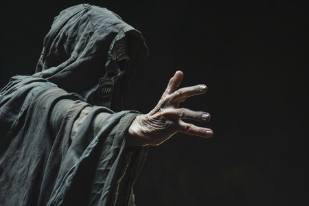 Halloween theme: Old man in death costume with hood over dark backgroundの素材