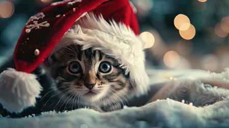Cute siberian kitten in santa hat on christmas backgroundの素材