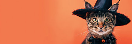 Portrait of a cat in a witch hat on a orange background.の素材