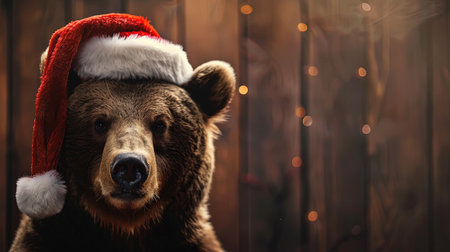 Brown bear in Santa Claus hat on wooden background. Merry Christmas and Happy New Year.の素材