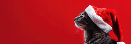 Cute cat in Santa Claus hat on red background. Banner.の素材