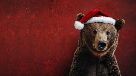 Cute brown bear in Santa Claus hat on red grunge backgroundの素材