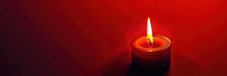 Burning candle on a red background, close-up, copy spaceの素材