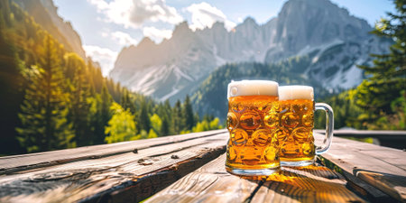 Glasses of beer on the background of the Dolomites mountainsの素材