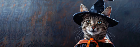 Cute cat in a witch costume. Halloween banner with copy space.の素材