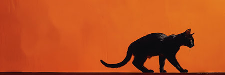 Silhouette of a black cat walking on an orange background.の素材