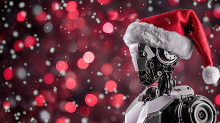 Robot wearing Santa Claus hat on bokeh background. 3D rendering.の素材