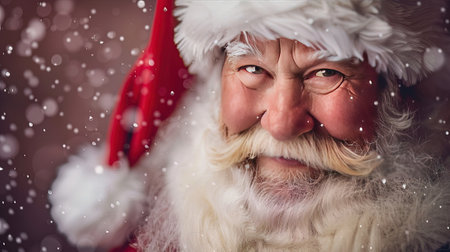 Portrait of Santa Claus looking at camera against snow falling over wooden backgroundの素材