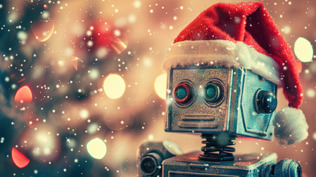 Santa claus hat on a vintage camera with bokeh backgroundの素材