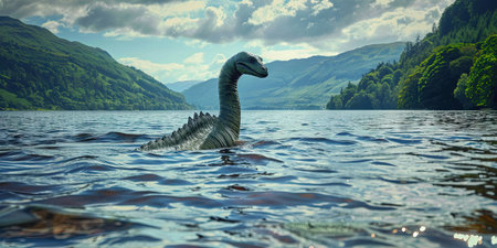 3d render of a dinosaur on the surface of the lake.の素材