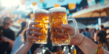 Hands of friends clinking beer mugs at Oktoberfestの素材