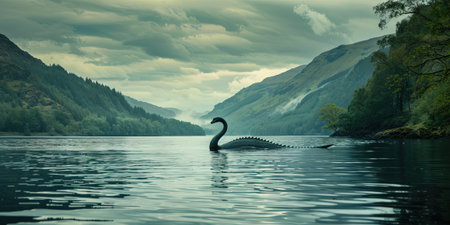 Fantasy landscape with a crocodile in the lake. 3d renderの素材