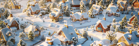 Christmas and New Year miniature village with houses and trees covered with snowの素材