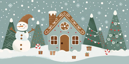 Christmas greeting card with cute snowman and house. Vector illustration.の素材