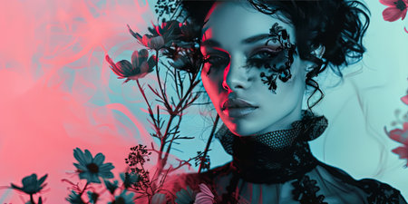 Beautiful young woman with fantasy make-up and red flowers.の素材