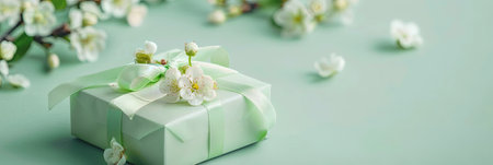 Green gift box with white flowers on a green background. Spring concept.の素材