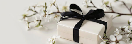 Gift box with black ribbon and blooming branches on white backgroundの素材