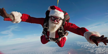 Portrait of Santa Claus flying in the blue sky above the cloudsの素材