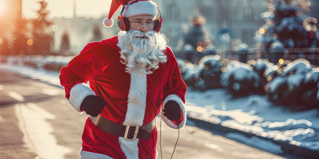 santa claus walking on the street and listening music with headphonesの素材