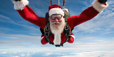 Santa Claus flies in the sky above the clouds. Christmas and new year holidays.の素材