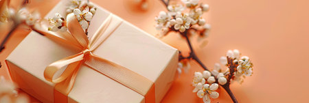 Gift box with a bow and flowers on a beige backgroundの素材