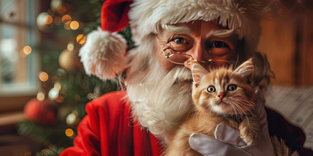 Portrait of Santa Claus in red coat and glasses with ginger cat.の素材